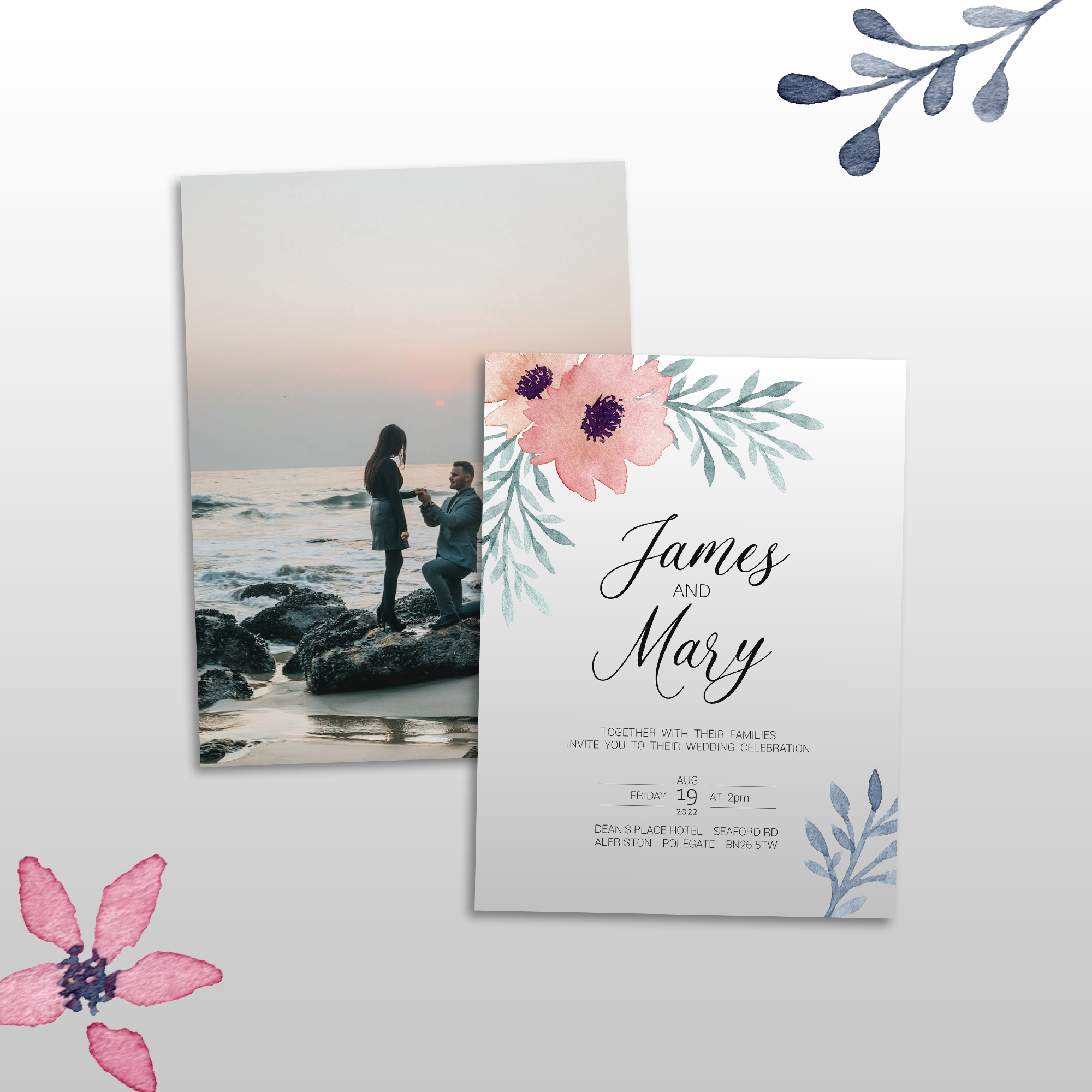 Elegant floral wedding invitation design by Blackline Graphics